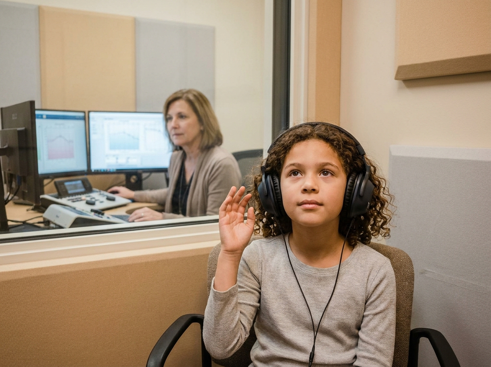 Dr. Beverly Lew, Au.D. performing a pediatric hearing test at Sound Advice in Burbank, CA