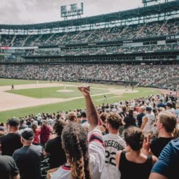 Large crowd cheering as they watch a baseball game.