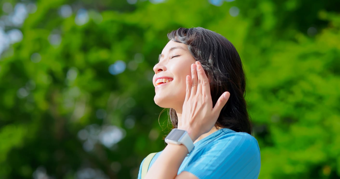 Woman finding relief from tinnitus.